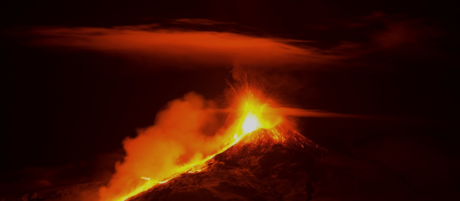 Lava flow from Etna illuminating the snow-covered upper flanks at night
