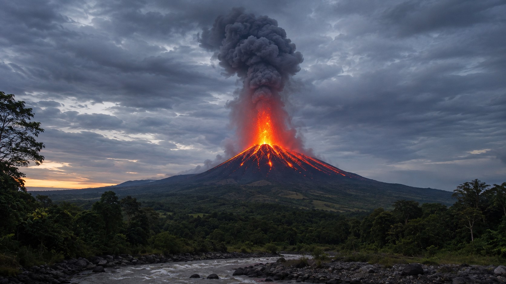 Volcán de Fuego seen from Acatenango with eruption plume rising above the cone