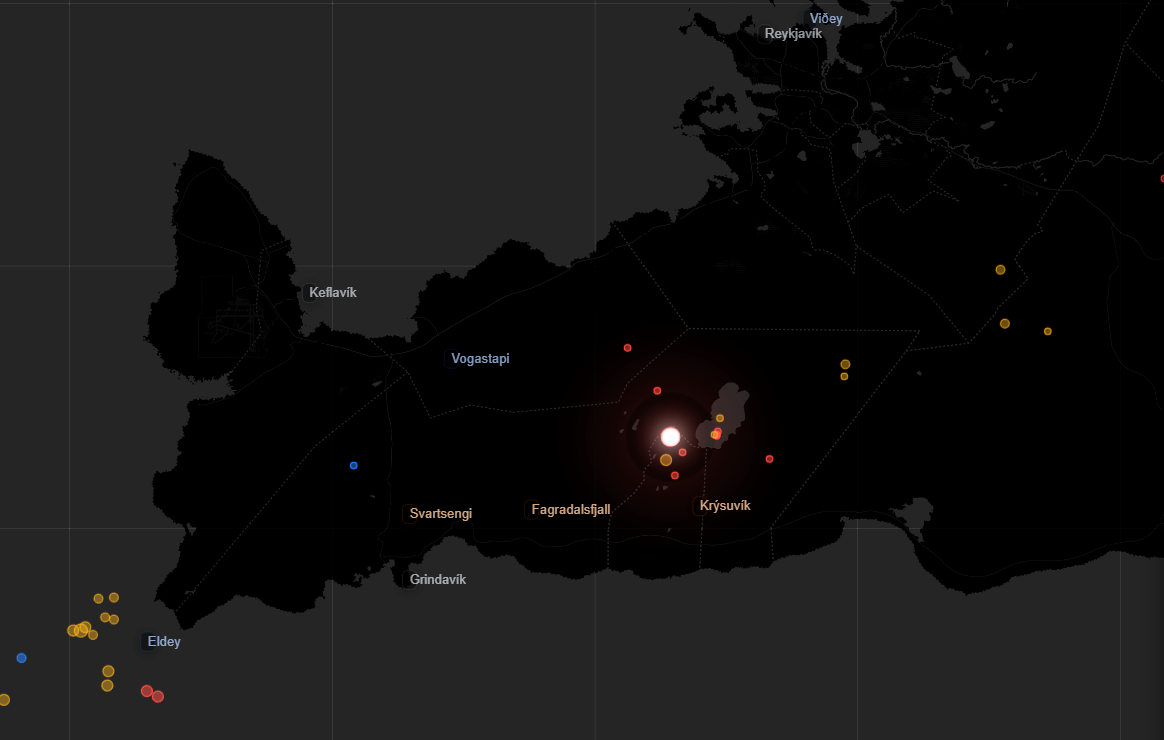 IMO-style map of the Reykjanes Peninsula showing earthquake locations, Svartsengi, Sundhnúkur fissure zone, Grindavík and Reykjavík